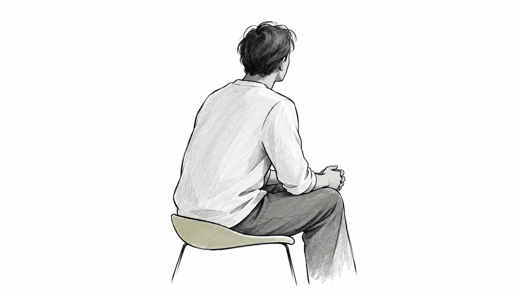 Ilustración de una persona sentada vista de espaldas, con las manos juntas en actitud reflexiva y un leve detalle oliva en el asiento.