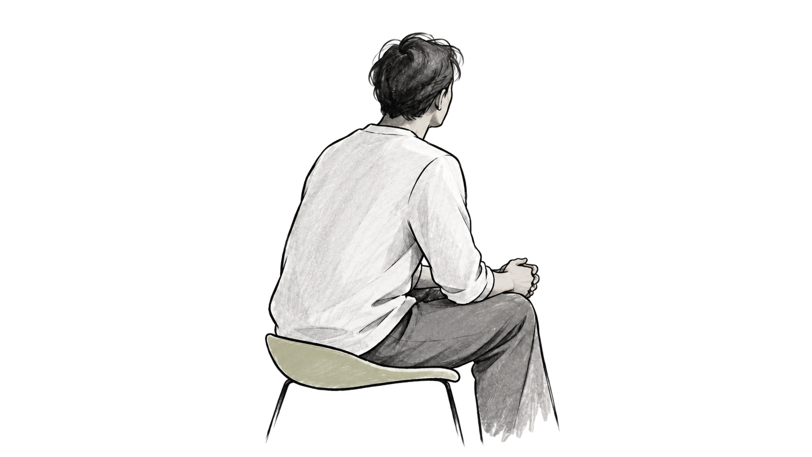 Ilustración de una persona sentada vista de espaldas, con las manos juntas en actitud reflexiva y un leve detalle oliva en el asiento.